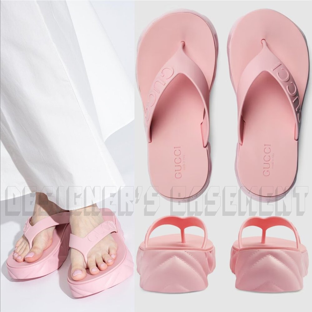 GUCCI pink rubber 38 -8US Logo Thong Matelasse quilt Platform Slides sandals NIB - Picture 12 of 13